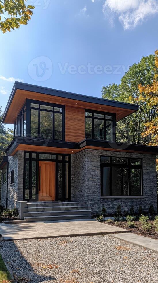Modern suburban house with cedar siding and stone cladding on sunny day photo
