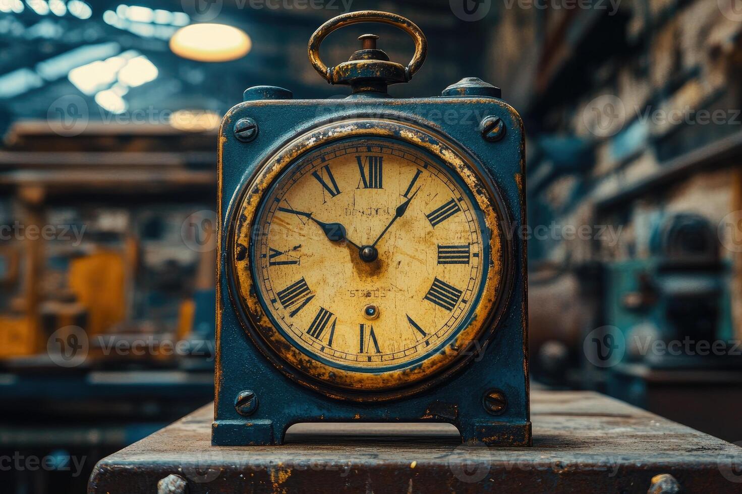 Old clock showing time in workshop setting photo