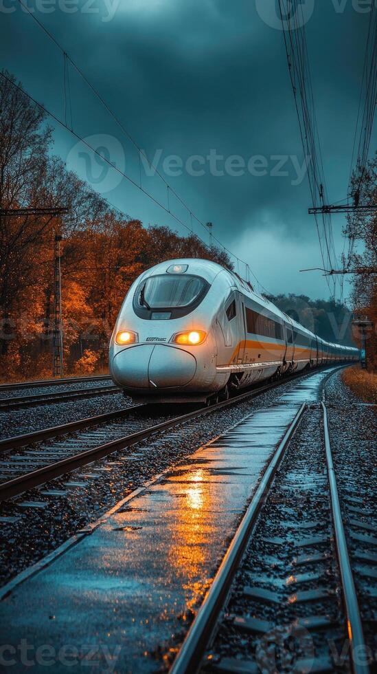 Modern high speed train traveling on railway at dusk in autumn photo