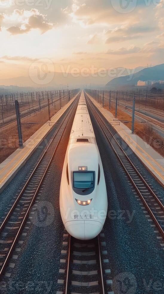 High-speed train traveling on railway at sunset in china photo