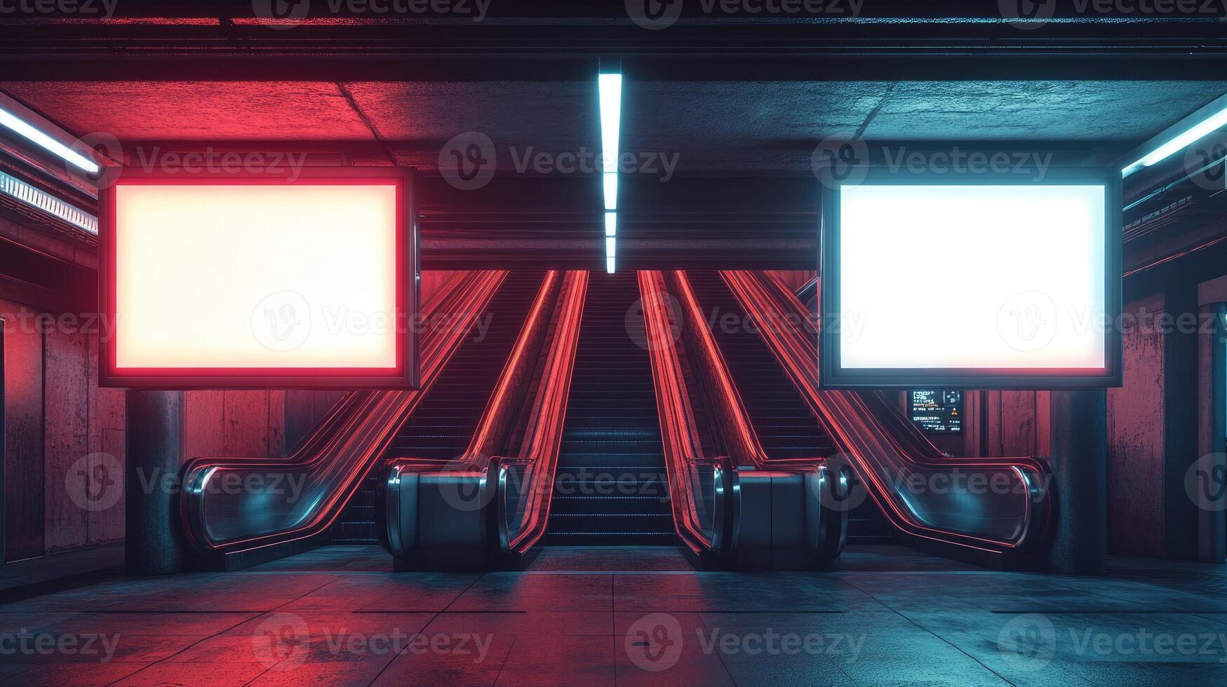 Two blank billboards illuminating empty escalators in subway station photo
