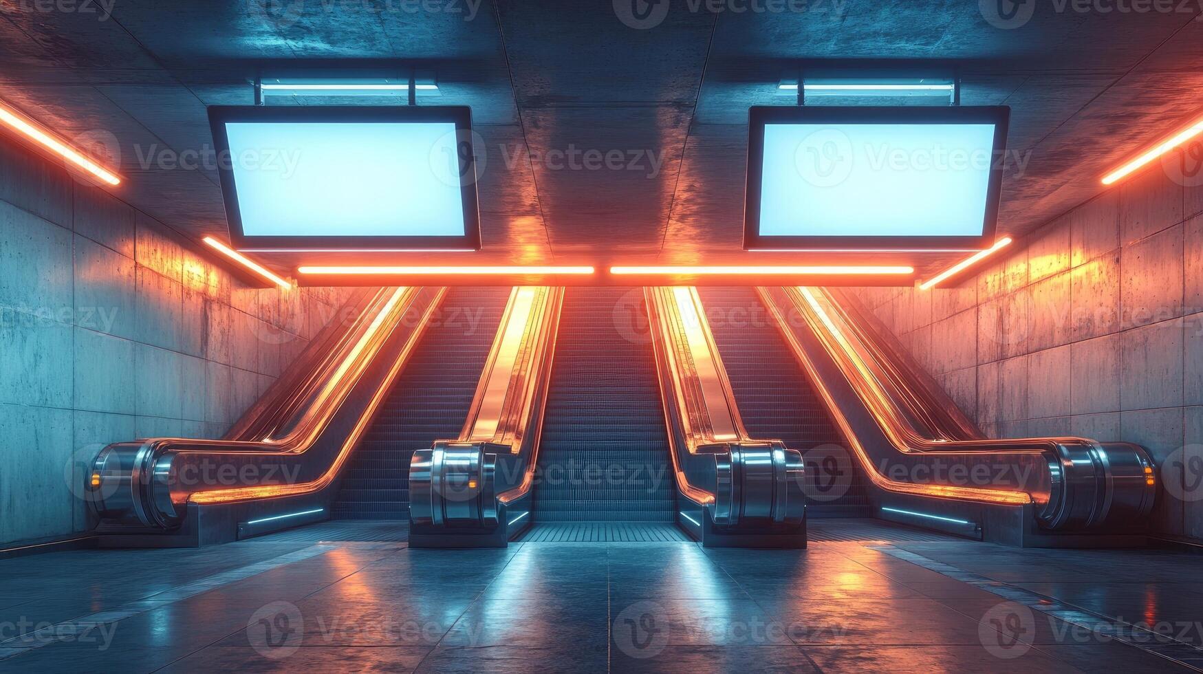 Escalators leading to blank billboards in futuristic subway station with neon lights photo