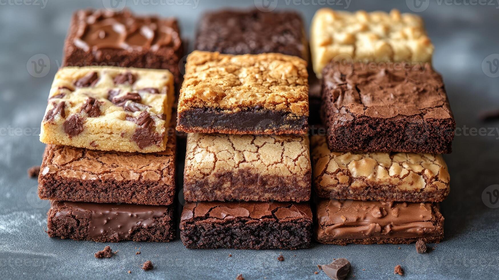 Delicious chocolate and blondie brownie squares stacked high on table photo