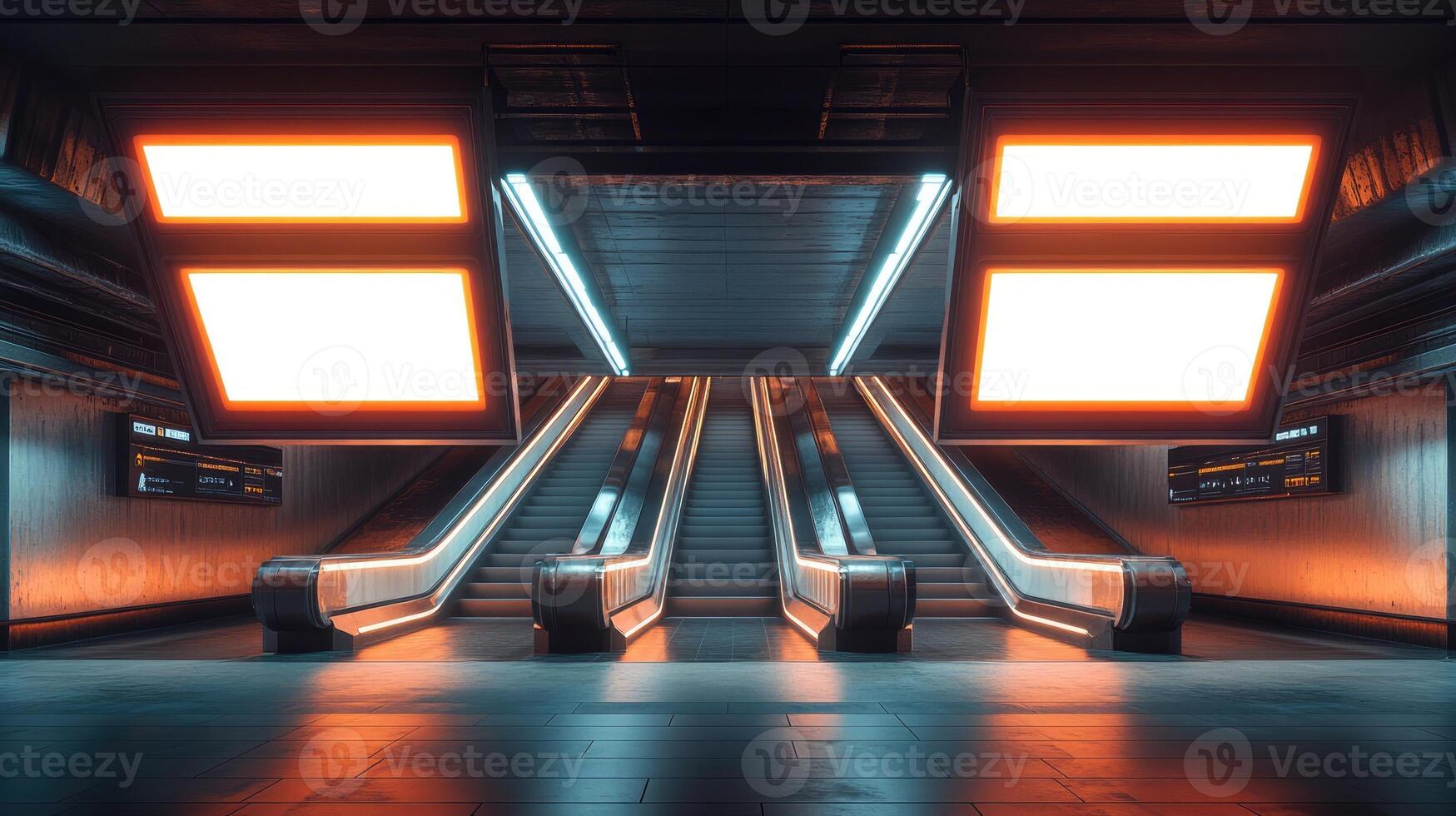 Escalators leading to futuristic subway station with blank billboards photo