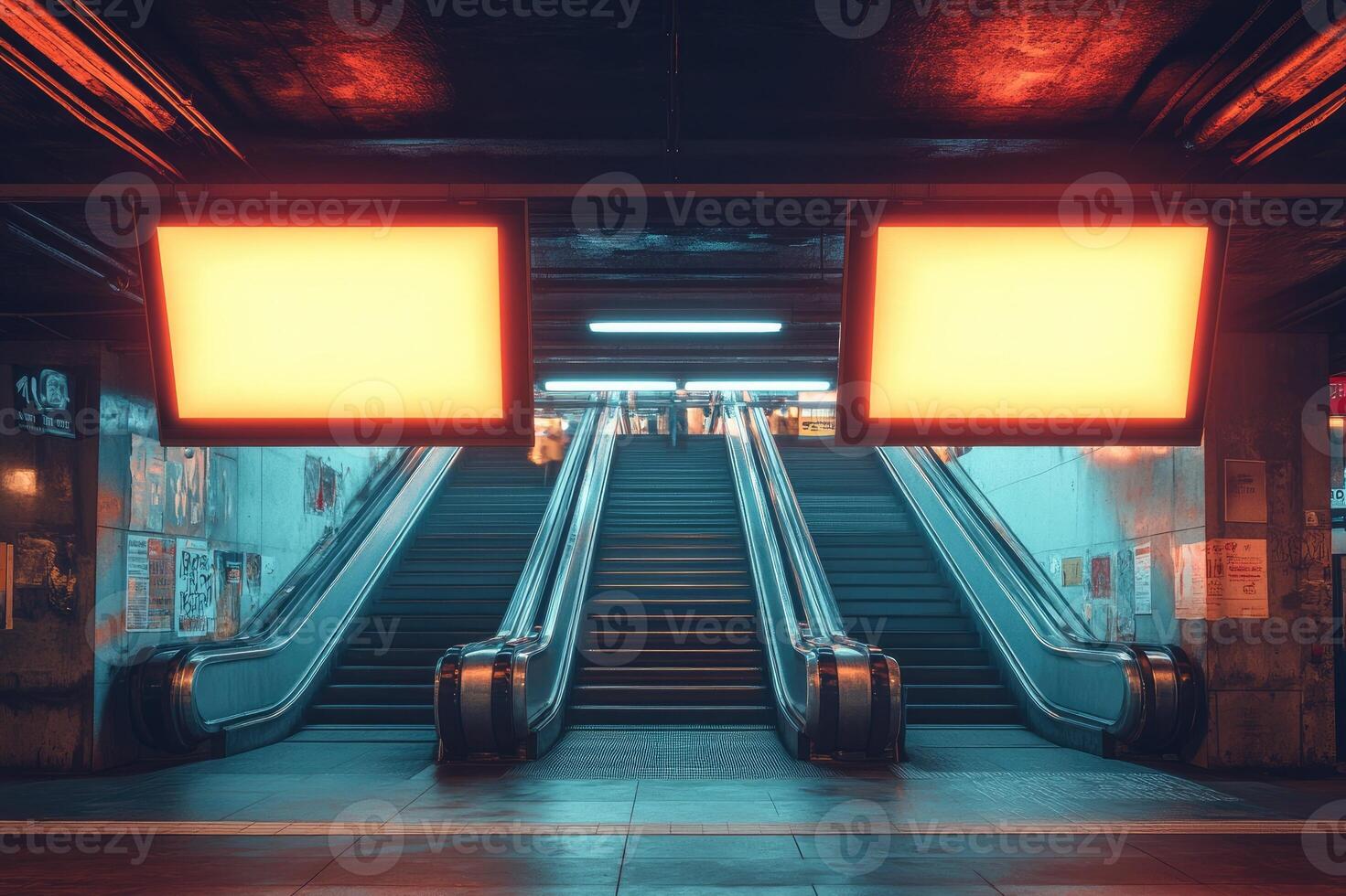 Empty subway station with escalators and blank billboards illuminated at night photo