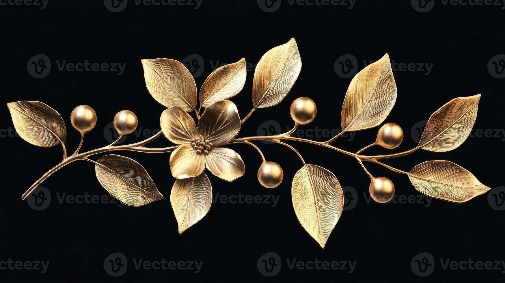 Golden flowers and spheres creating an elegant floral arrangement on black background photo