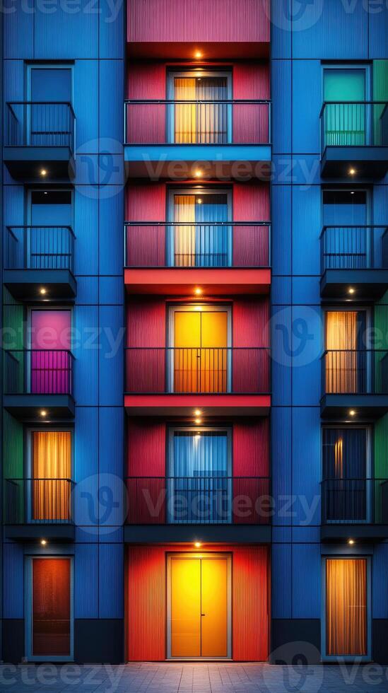 Modern apartment building with colorful led lighting displaying futuristic architecture at dusk photo