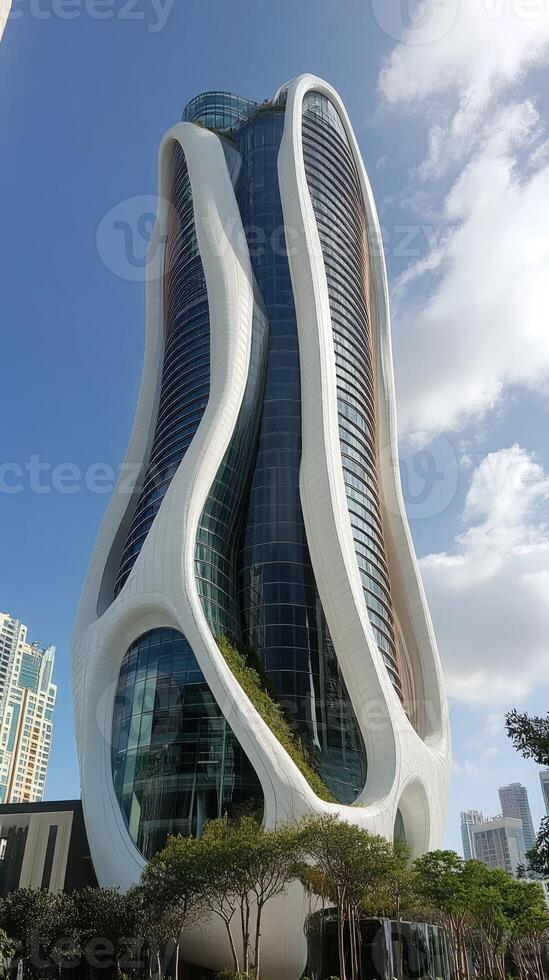 Futuristic architecture reaching for the sky in a modern cityscape photo