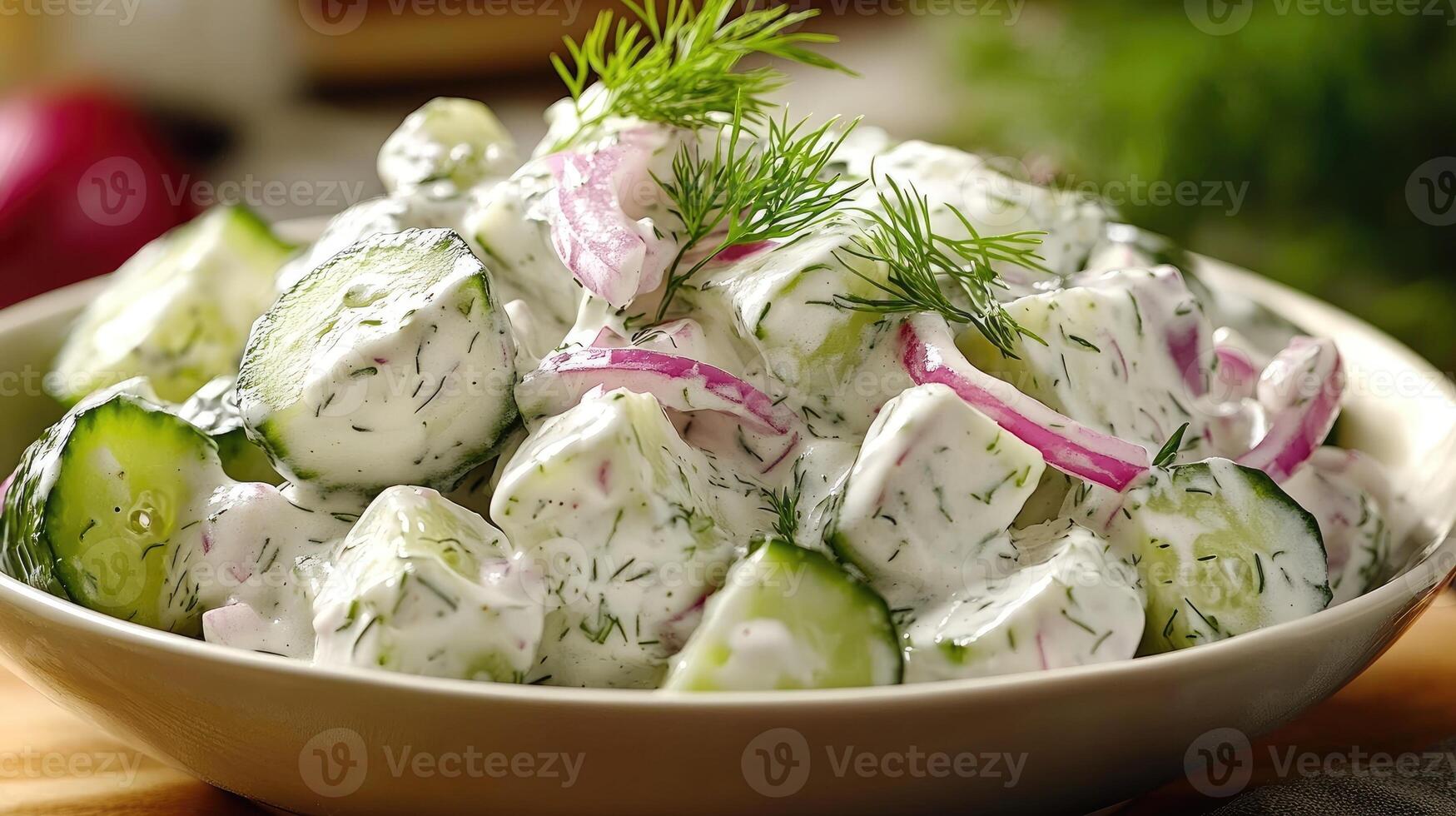 Creamy cucumber salad with red onions and fresh dill in a bowl photo