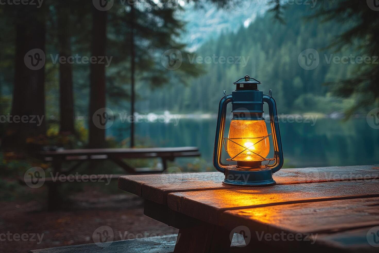 Kerosene lamp illuminating wooden table during sunset in the mountains photo