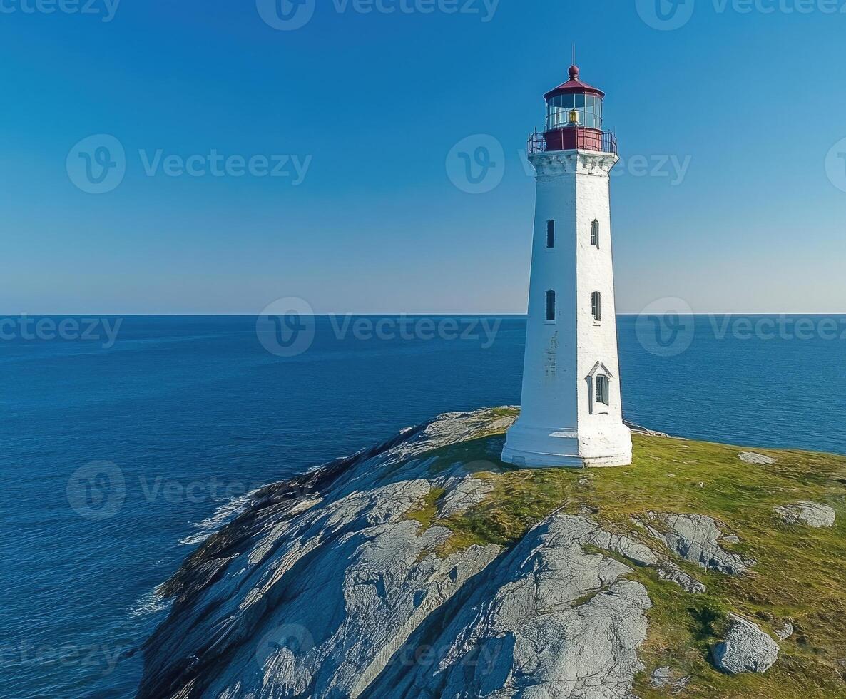 Majestic lighthouse standing on rocky coastline guiding ships at sea photo