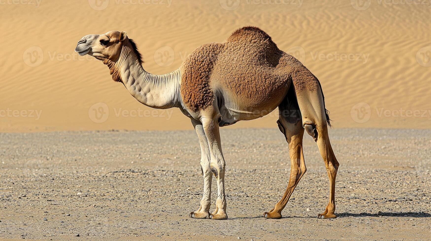 Dromedary camel walking in the desert on a sunny day photo