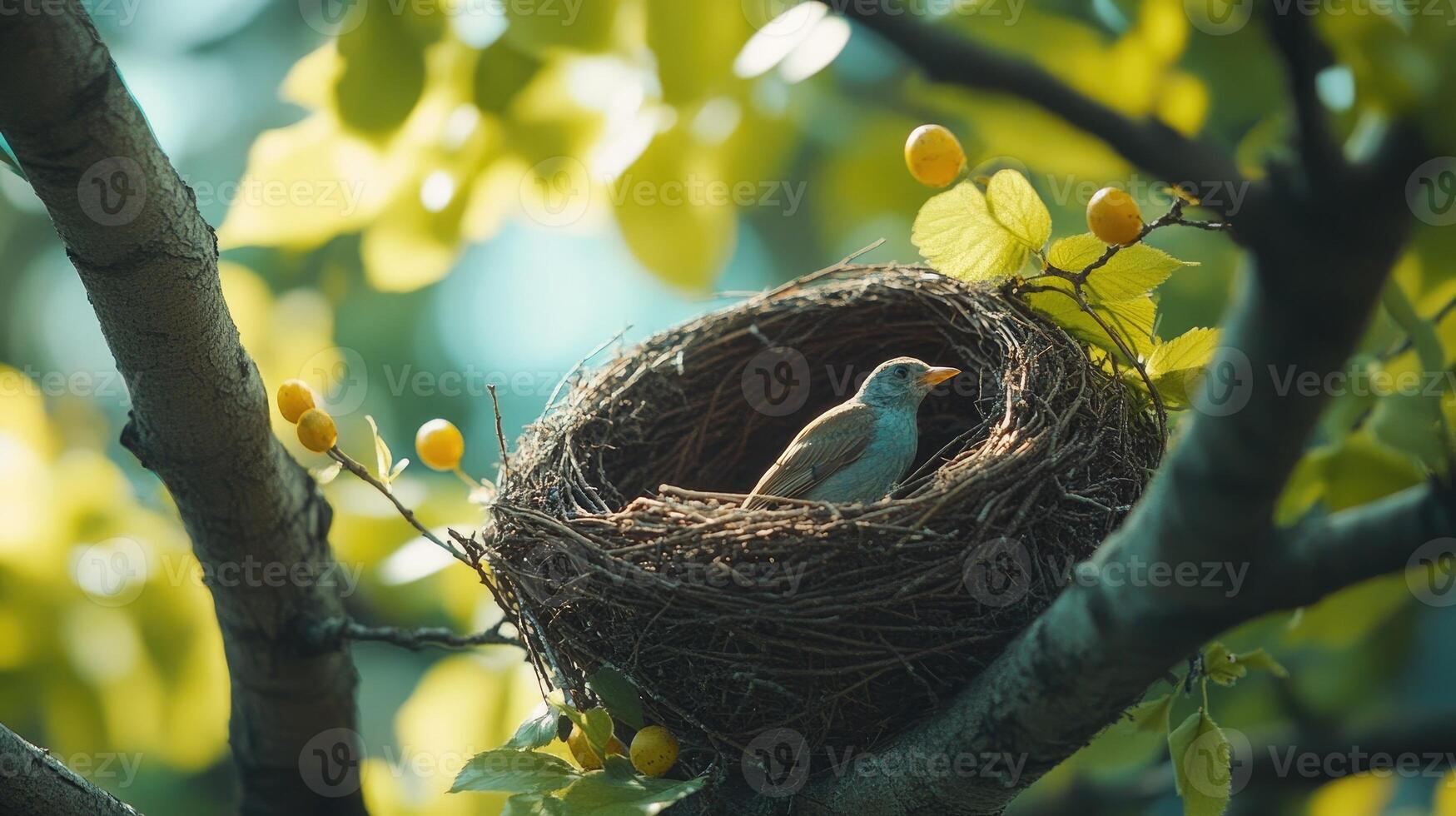 Bird resting in nest on tree branch in springtime sunlight photo