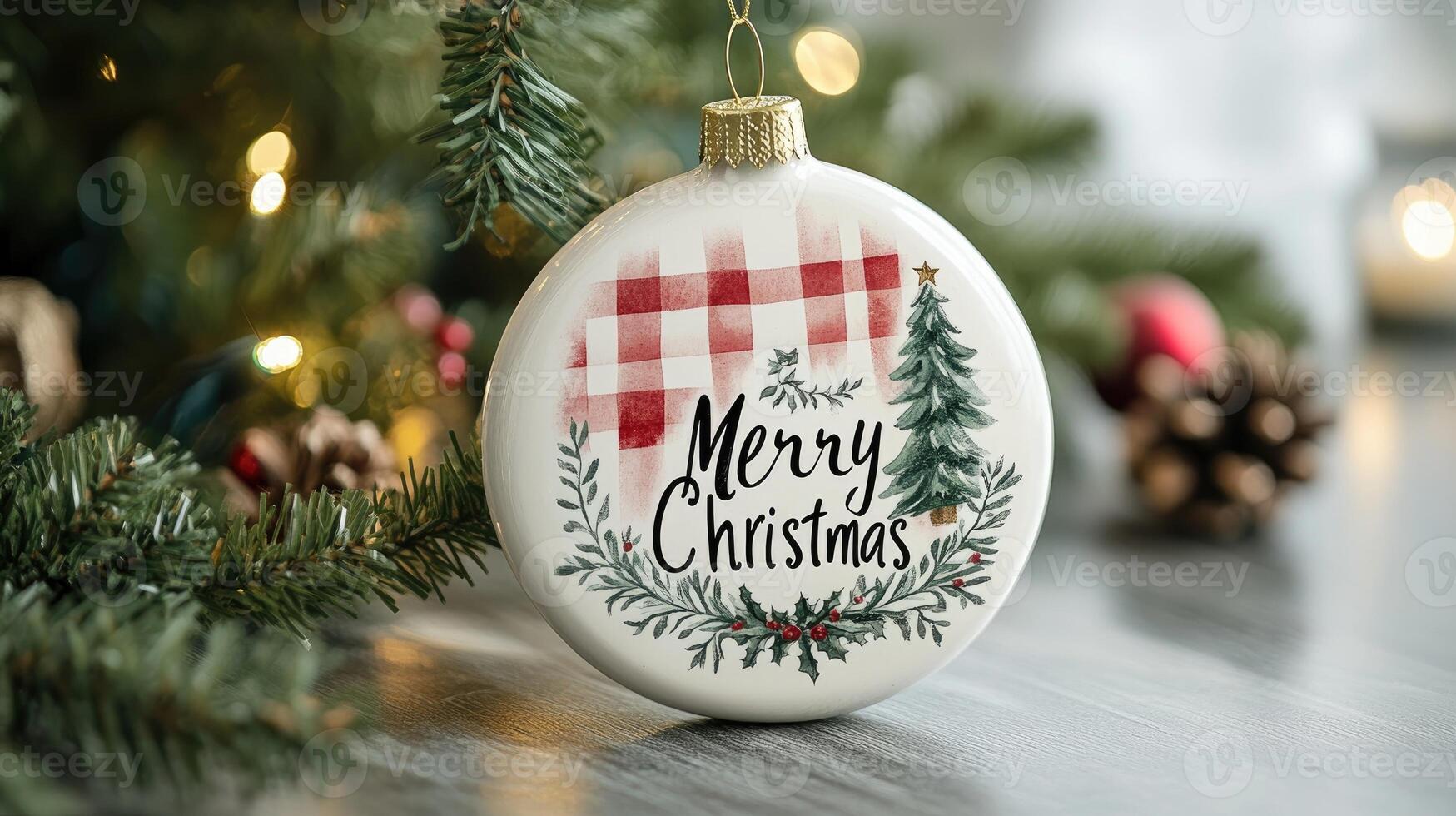 Christmas ornament hanging on christmas tree with fairy lights celebrating christmas eve photo