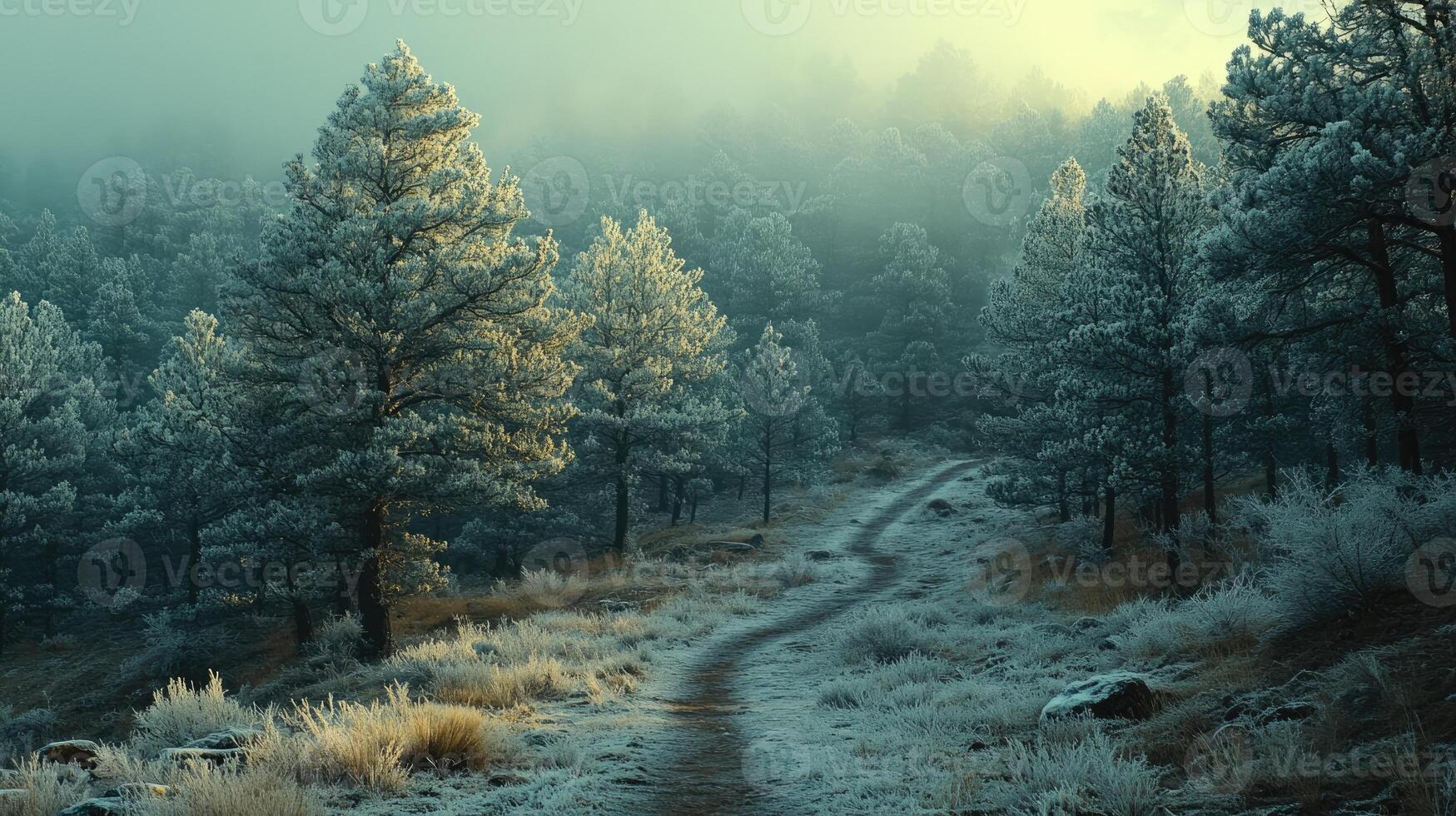 Winding dirt road through frosty pine forest at sunrise photo