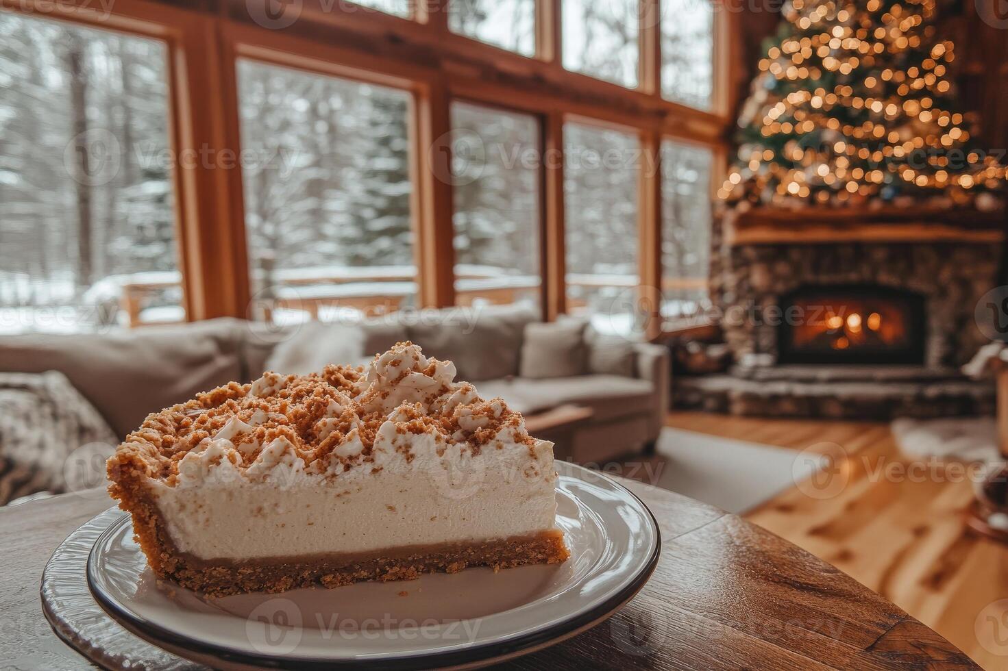 Delicious cheesecake enjoying cozy christmas atmosphere in log cabin photo