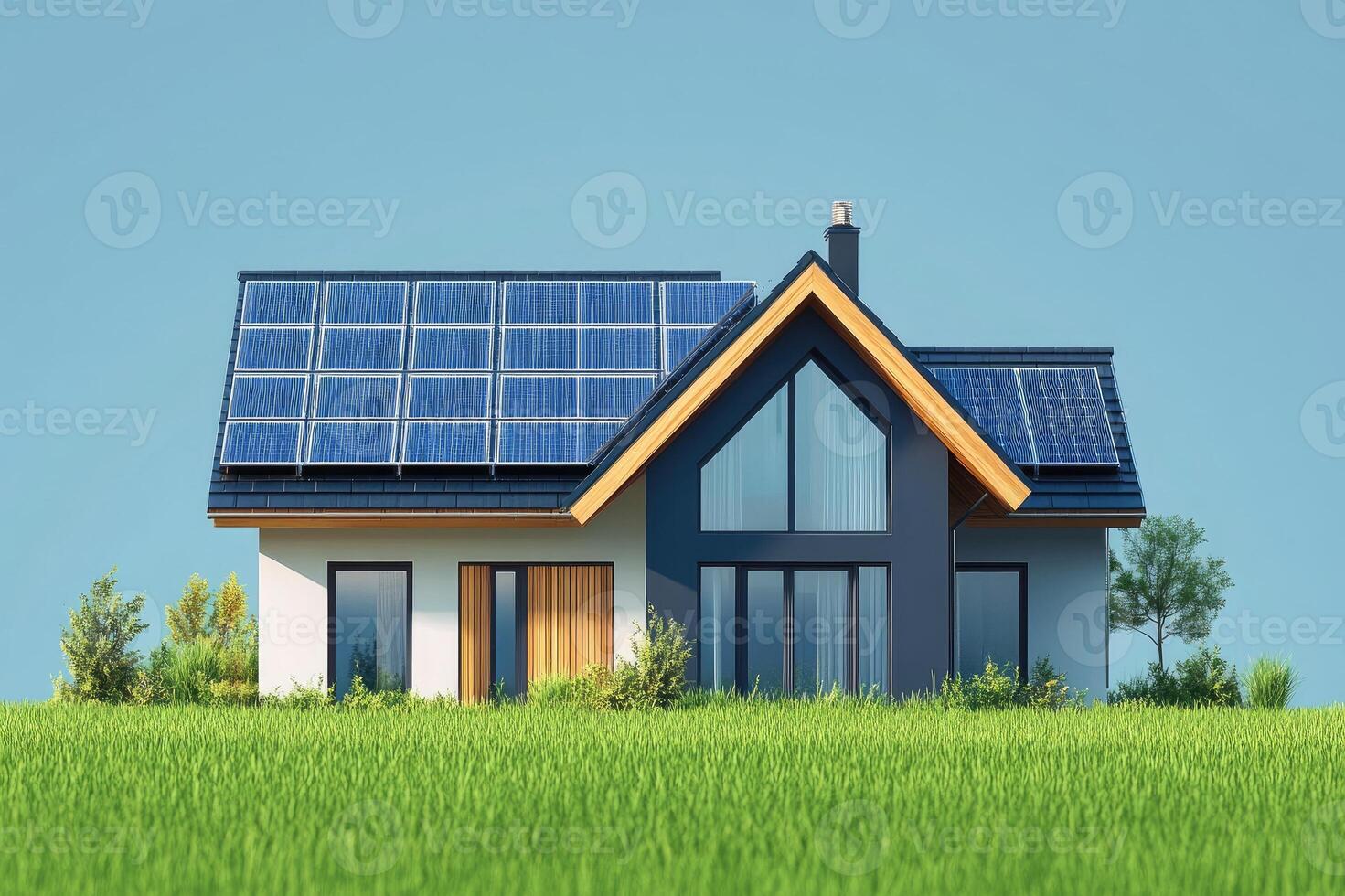 Modern house with solar panels generating green energy on a sunny day photo