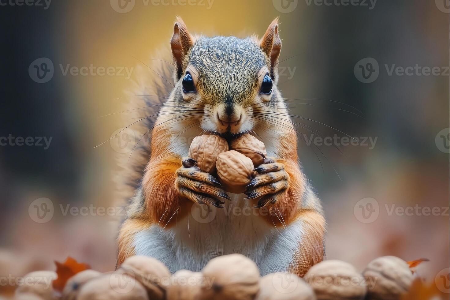 Red squirrel eating nuts in the forest photo