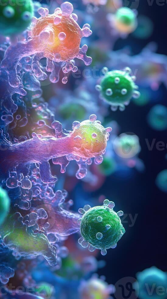 Colorful viruses are attacking cells, causing a medical threat photo