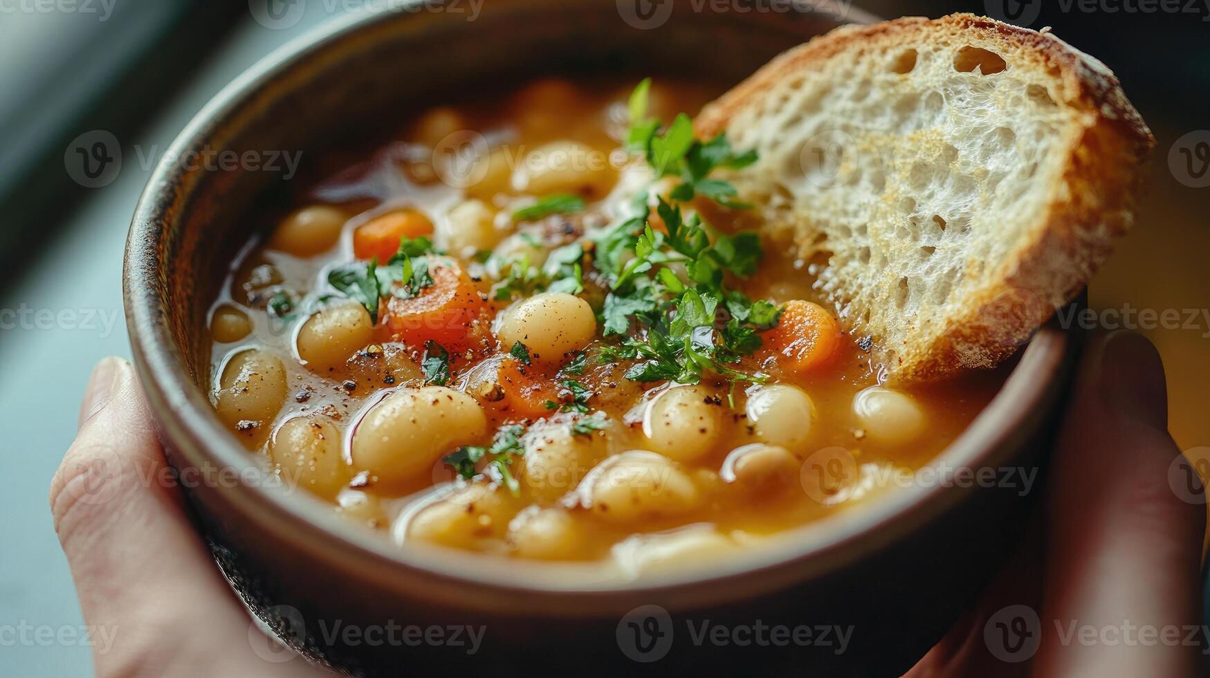 Hands holding bowl of warm bean soup with toasted bread and parsley photo