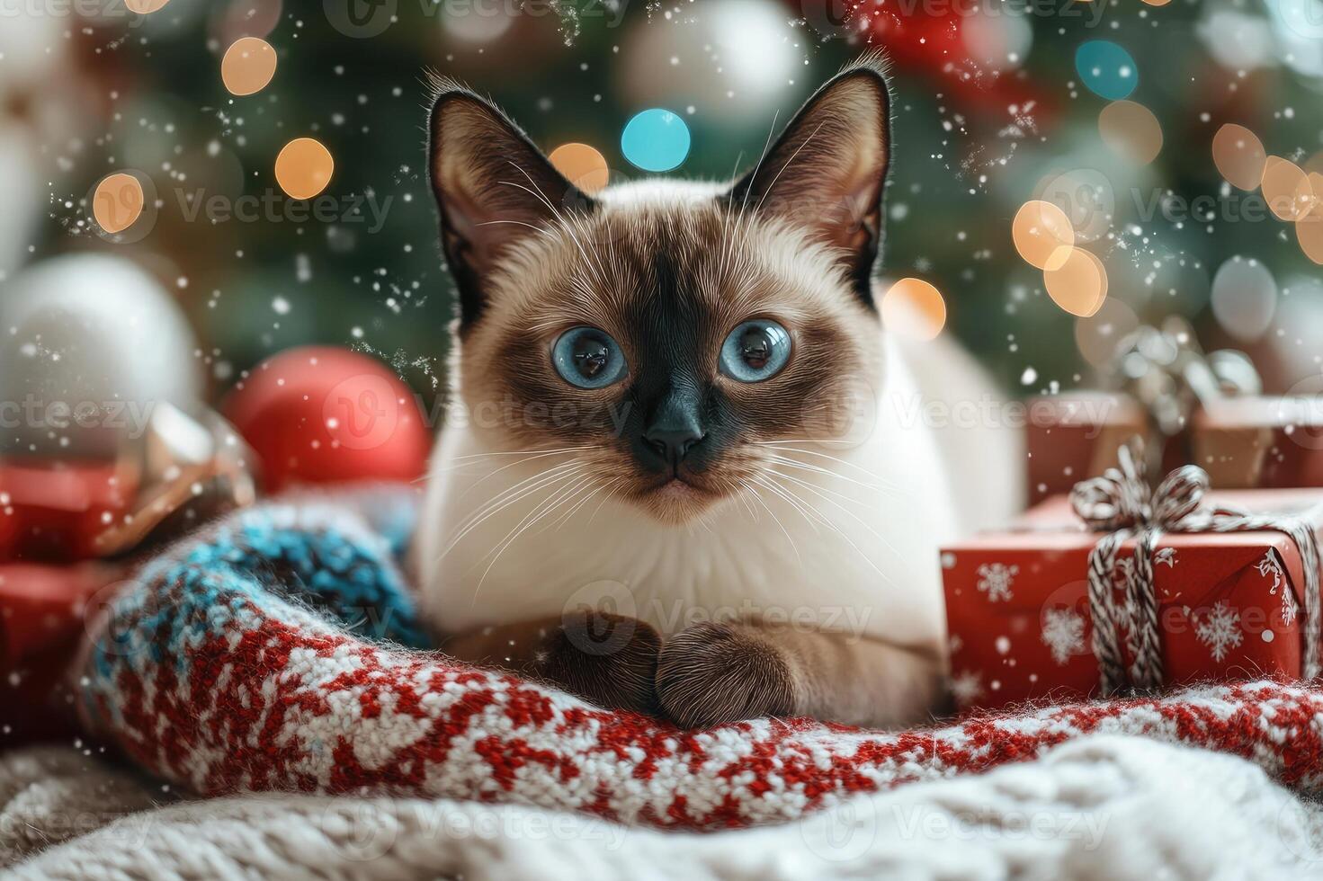 Cute siamese cat relaxing on knitted blanket near christmas tree with gifts and decorations photo