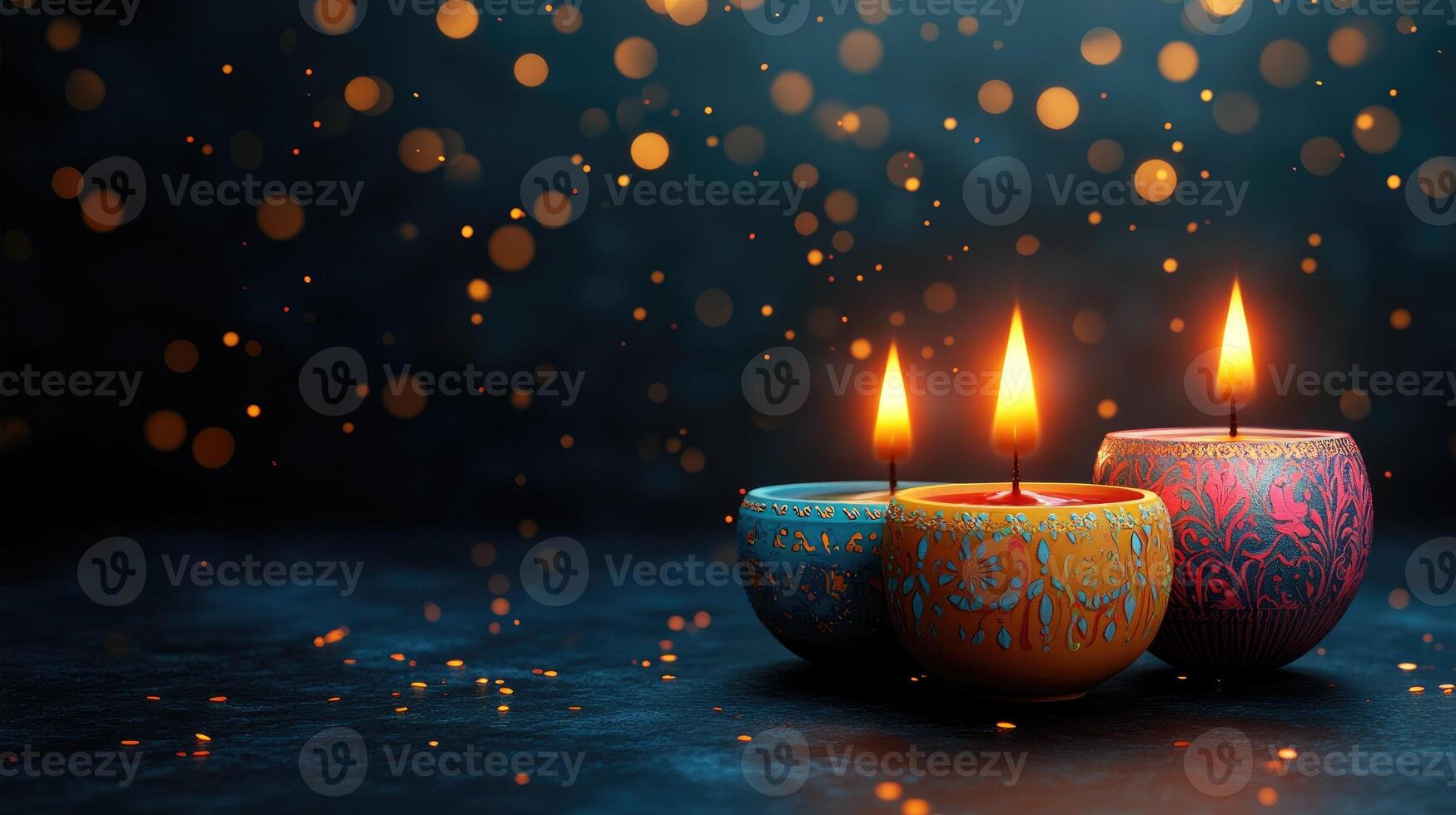 Burning diyas celebrating the festival of lights, diwali, on dark background photo