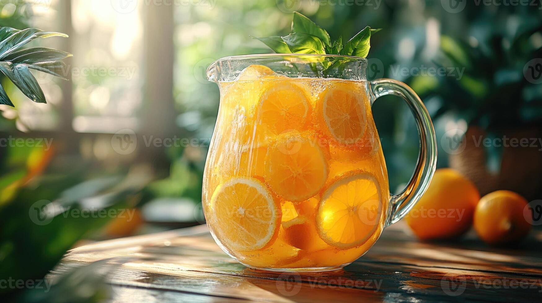 Refreshing homemade lemonade with mint and ice in a glass pitcher photo