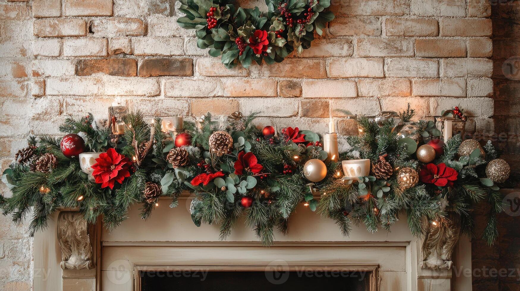 Christmas garland decorating fireplace mantel with candles and wreath photo