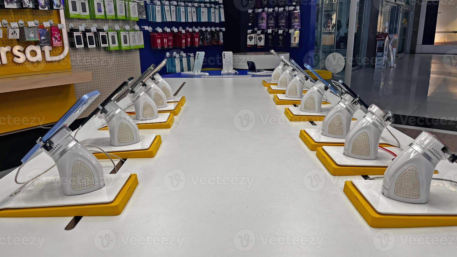 Mobile phones on display in a phone shop. photo