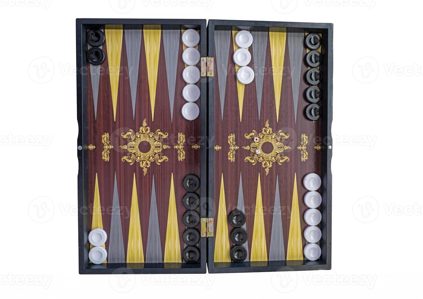 Backgammon open, on a white background, isolated, with all the checkers in place with dice photo