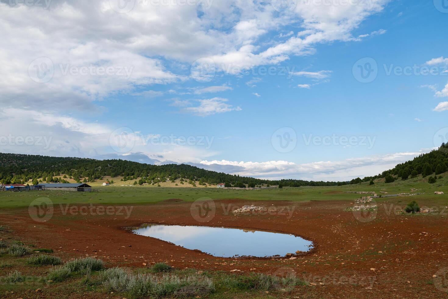 Puddle of rainwater on plateau, forest and cloudy sky in the background. photo