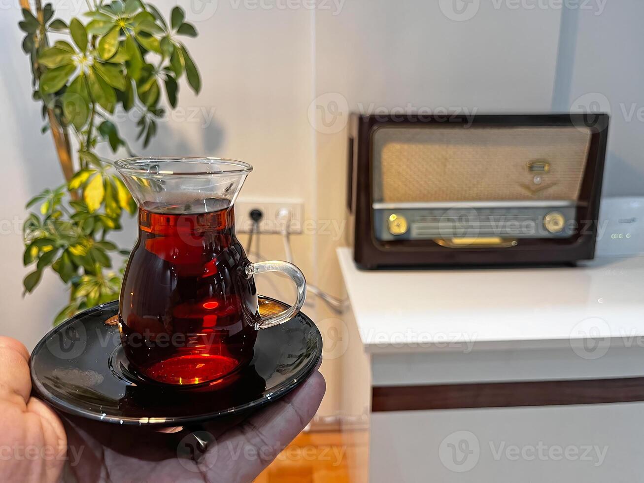 A cup of Turkish tea in his hand. Nostalgic radio in the background and a flower in a pot. photo