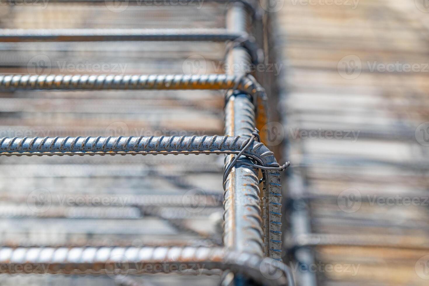 Rebars bound together with steel wires for use in building construction. photo