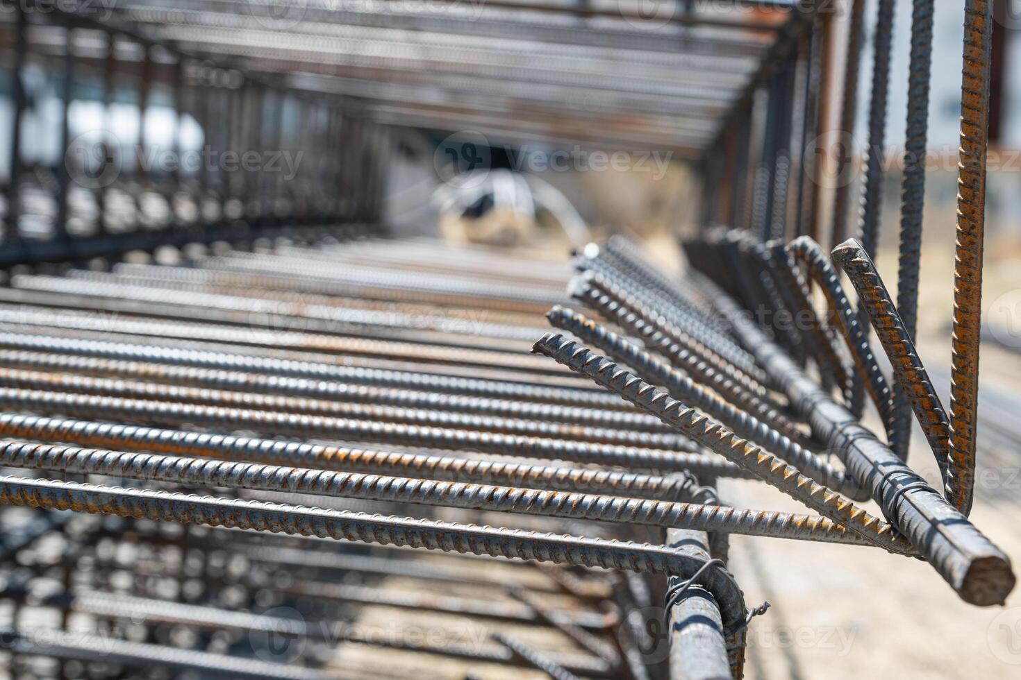 Rebars bound together with steel wires for use in building construction. photo