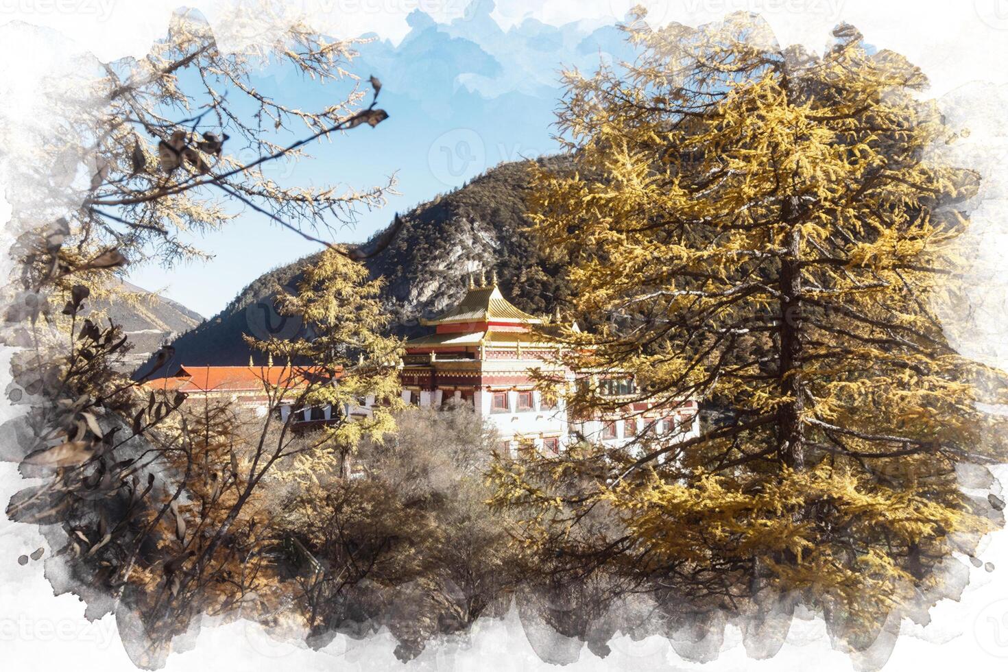 Chong Gu monastery shining in autumn pine forest at Yading nature reserve, Daocheng, China photo