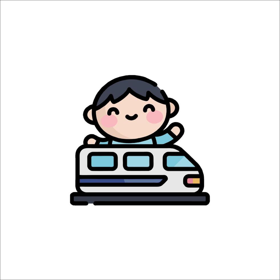 A boy riding on a train with a smile vector