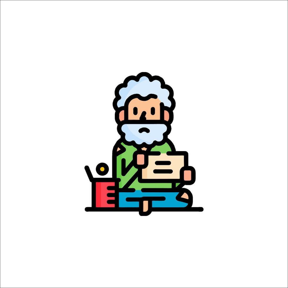 An old man with a beard sitting on the floor holding a piece of paper vector