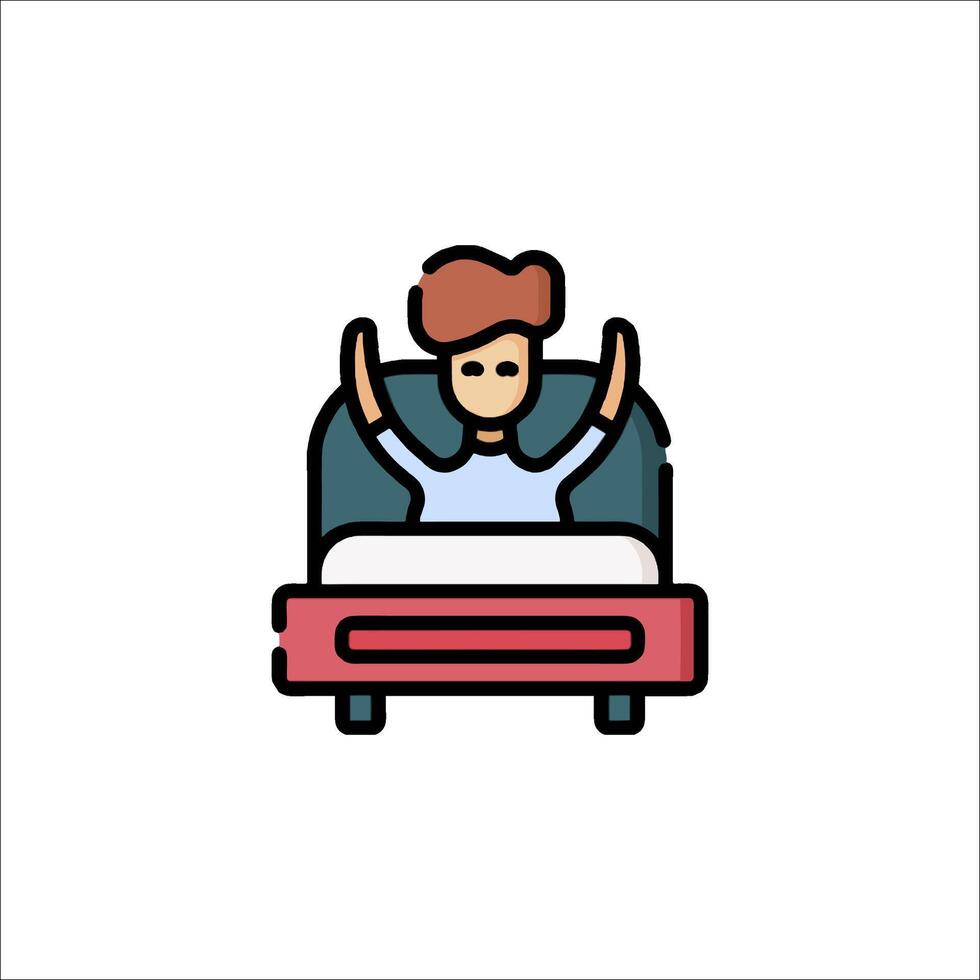 A man is sitting in bed with his hands up vector