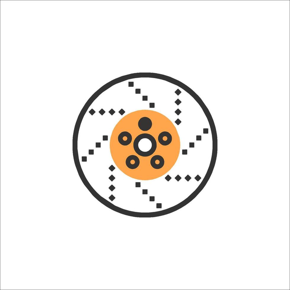 A black and orange icon of a wheel with a circle vector