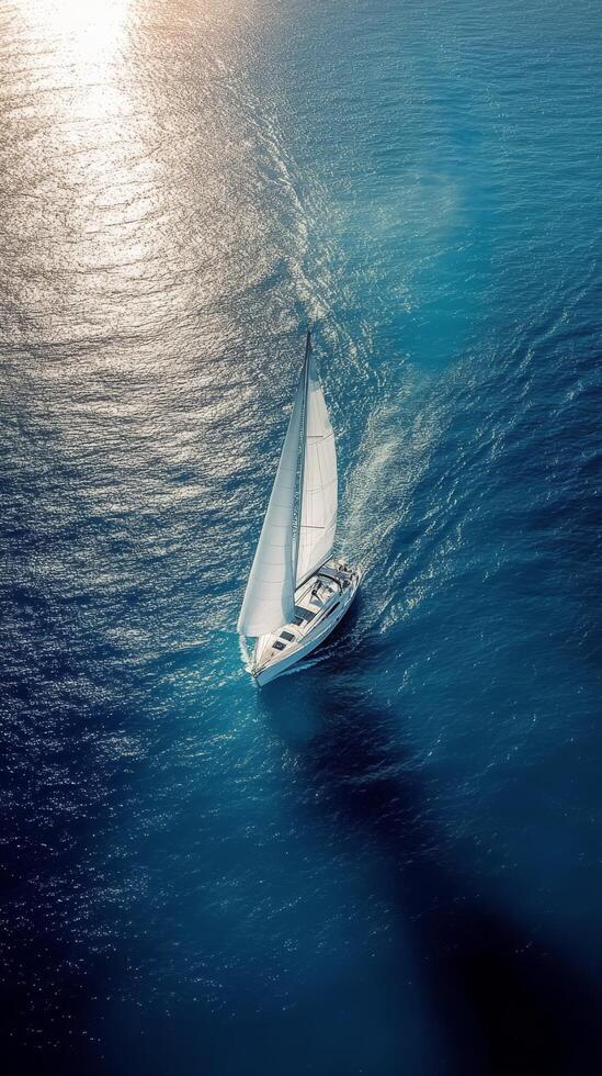Sailing through azure waters among coastal reefs during a bright sunny day photo