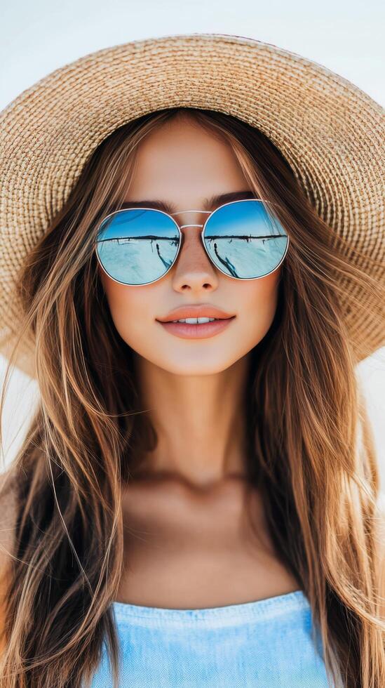 Woman wearing sunglasses and straw hat enjoying ocean view on a sunny day photo