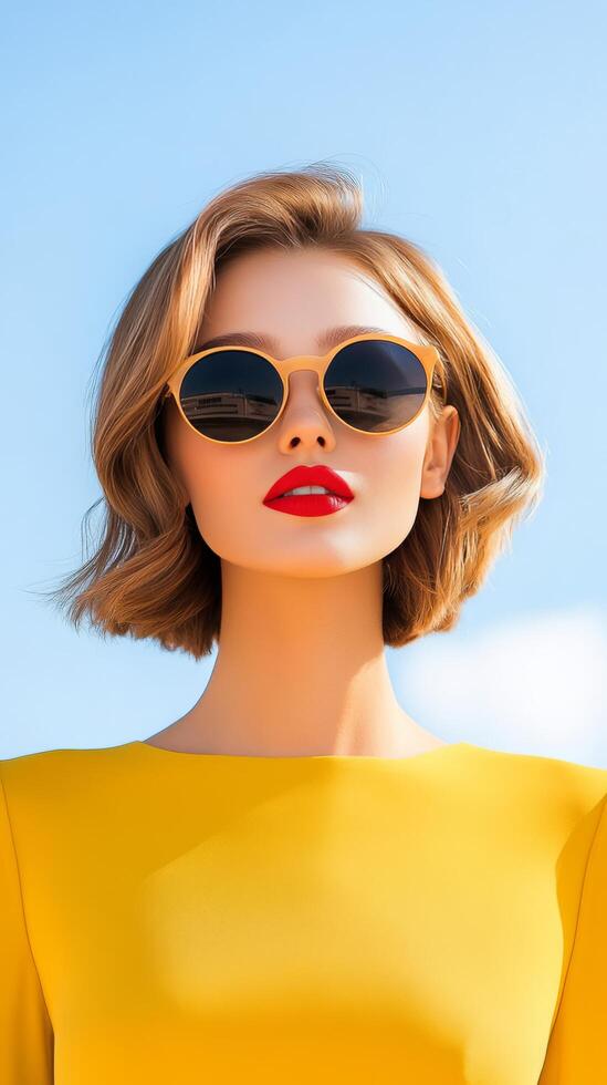 Young woman wearing sunglasses and yellow outfit against blue sky during sunny day photo