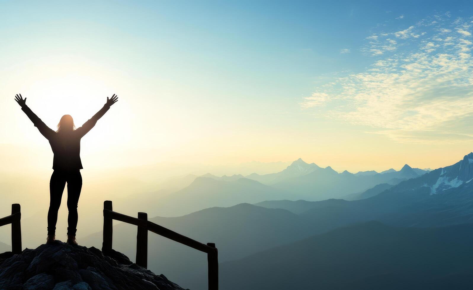 Person practices yoga at mountain peak during sunrise with raised arms for tranquility and peace photo