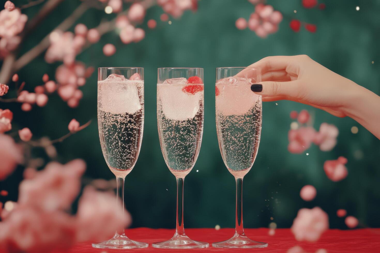 Refreshing cocktails with ice surrounded by delicate flowers at a vibrant gathering photo