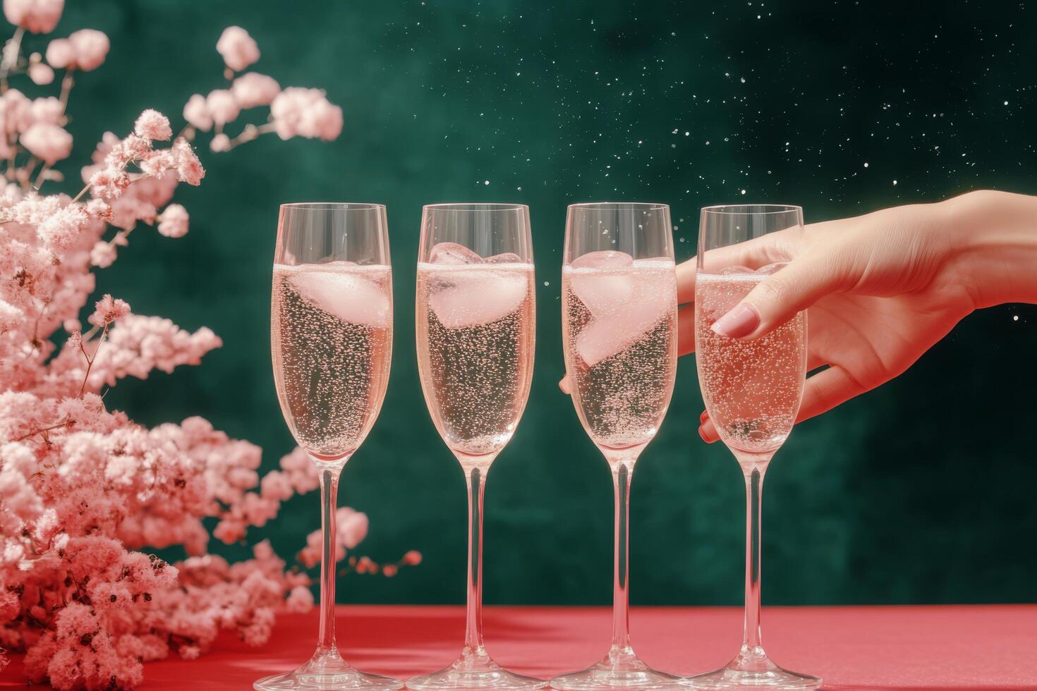 Refreshing cocktails with ice surrounded by delicate flowers at a vibrant gathering photo