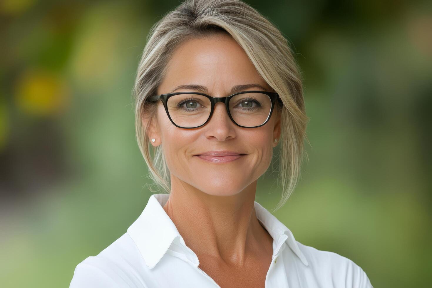 Portrait of a woman wearing glasses in a neutral tone setting with a serene expression photo