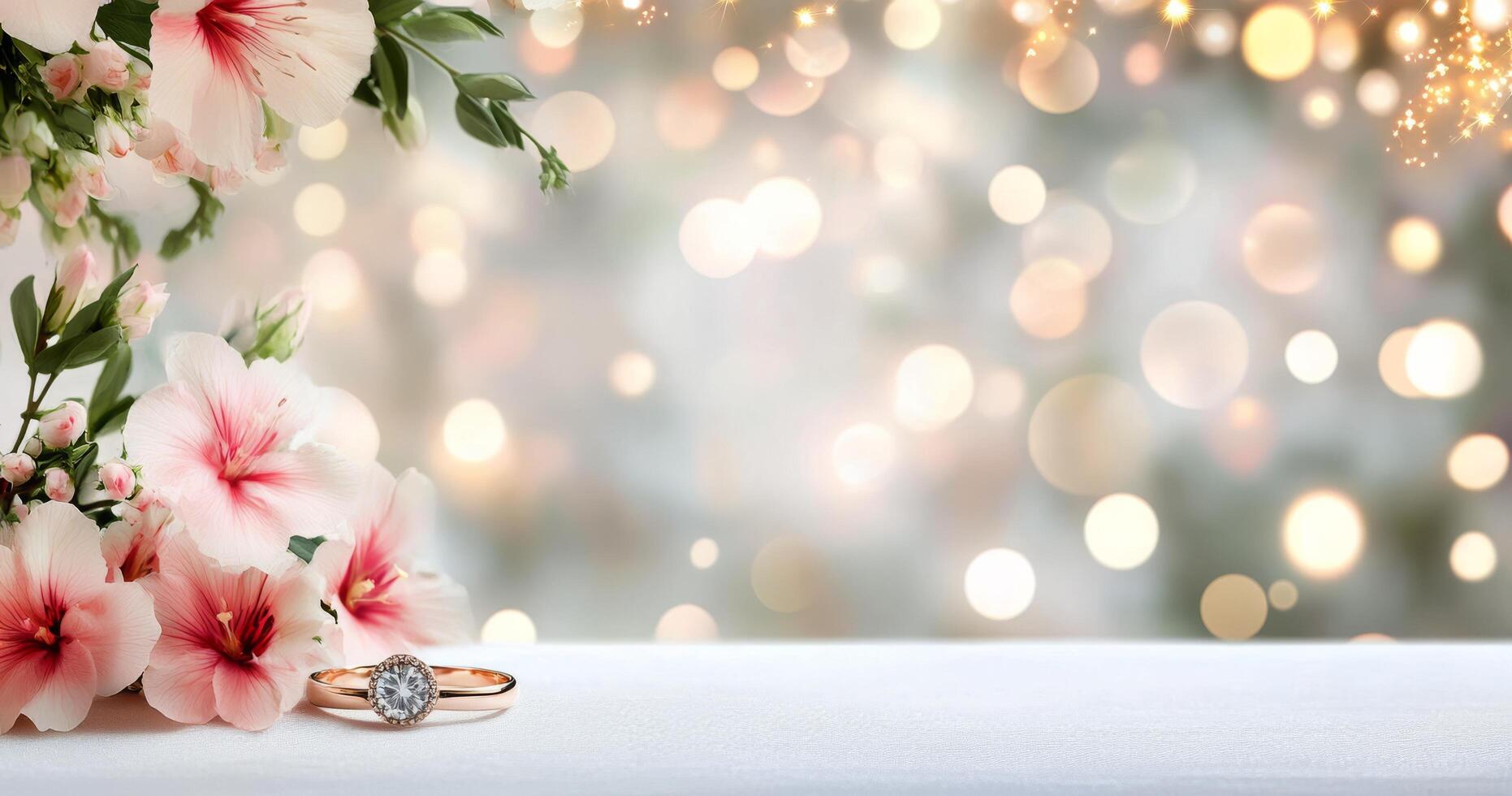 Engagement ring surrounded by flowers creating a romantic atmosphere for special occasions photo