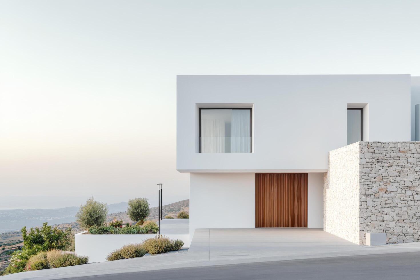 Modern residential architecture blending with desert landscape in a serene environment photo
