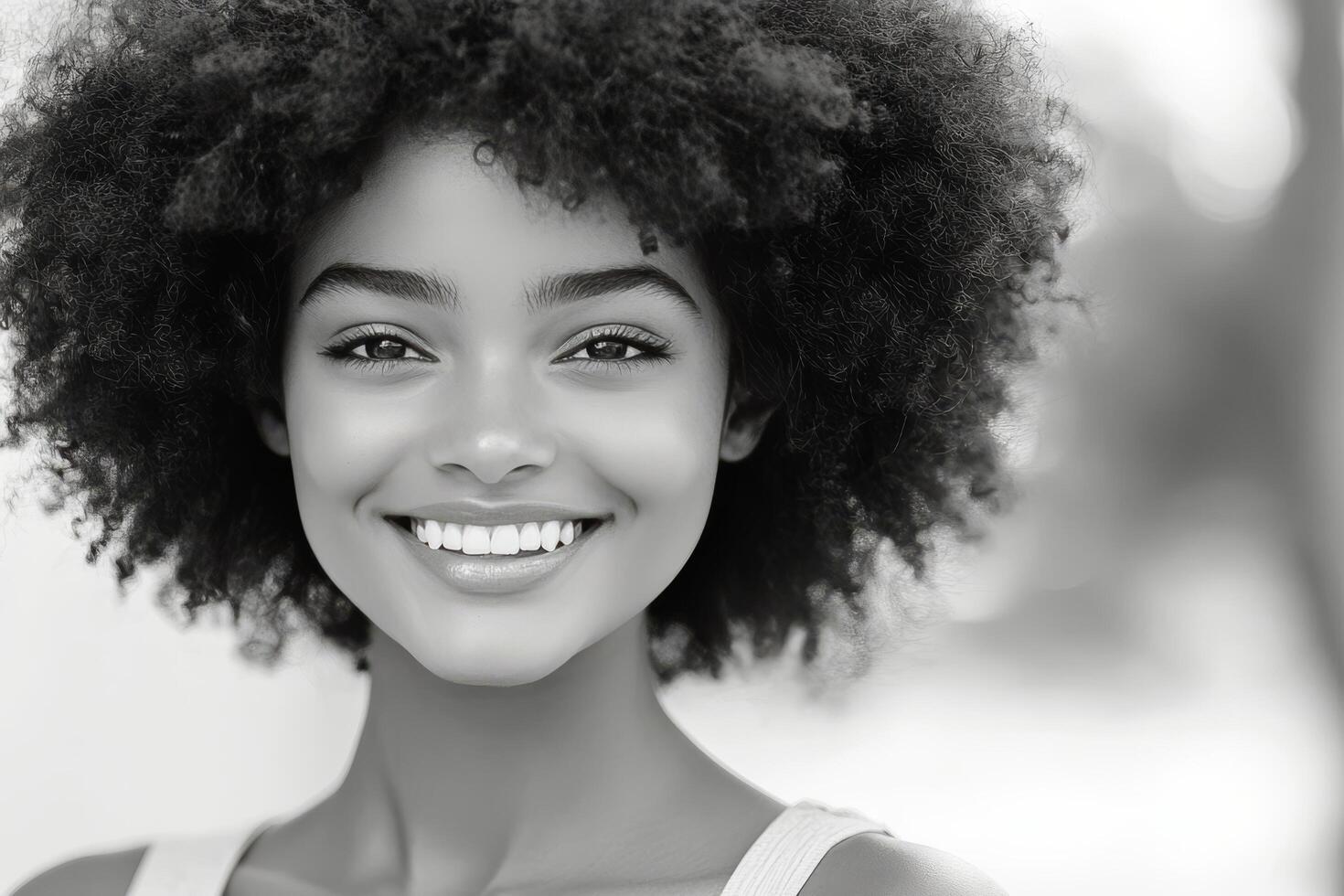 Smiling woman with curly hair poses against a wooden backdrop in natural light photo