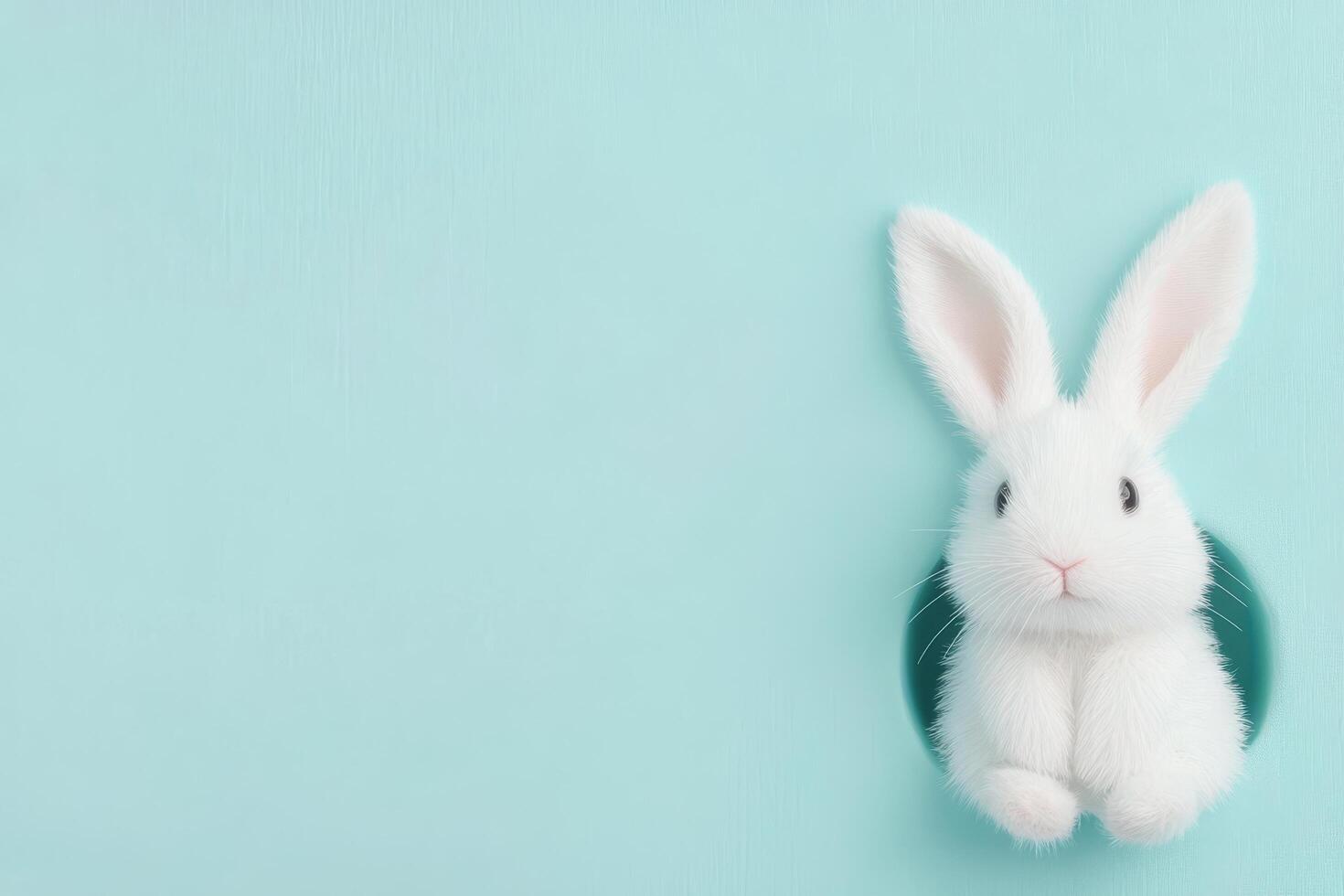 White rabbit peeking from a hole in a mint green background during daylight hours photo